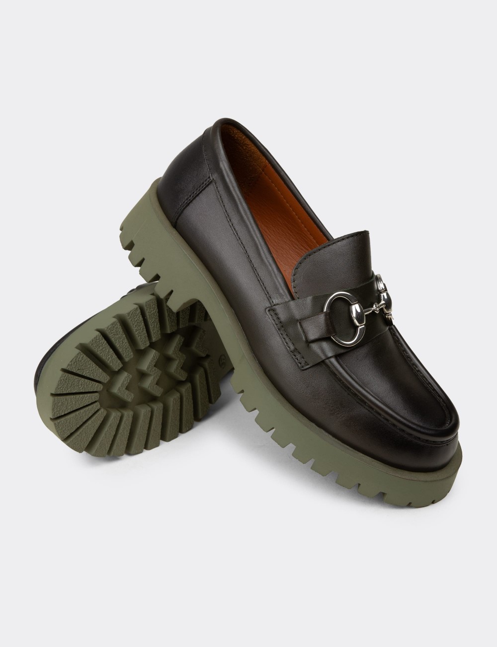 Women's Green Leather Buckled Loafers - 02037ZYSLC01