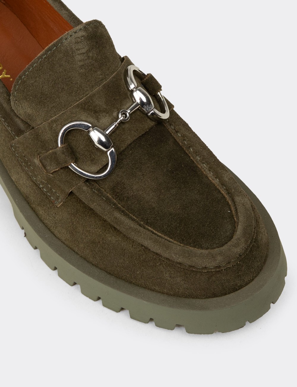 Women's Green Suede Leather Buckled Loafers - 02037ZYSLC03