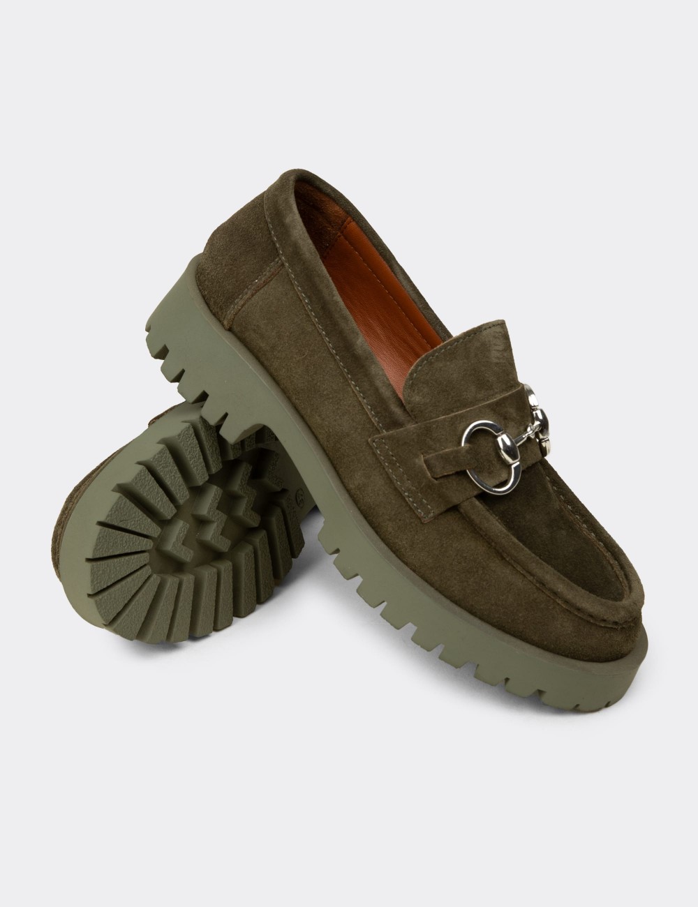 Women's Green Suede Leather Buckled Loafers - 02037ZYSLC03