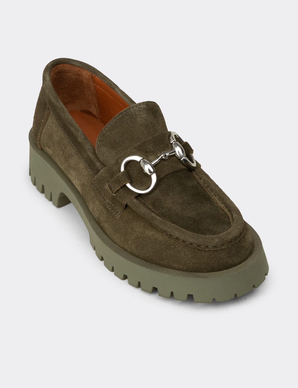 Women's Green Suede Leather Buckled Loafers - 02037ZYSLC03