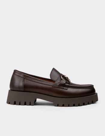 Women's Brown Leather Loafers with Buckle