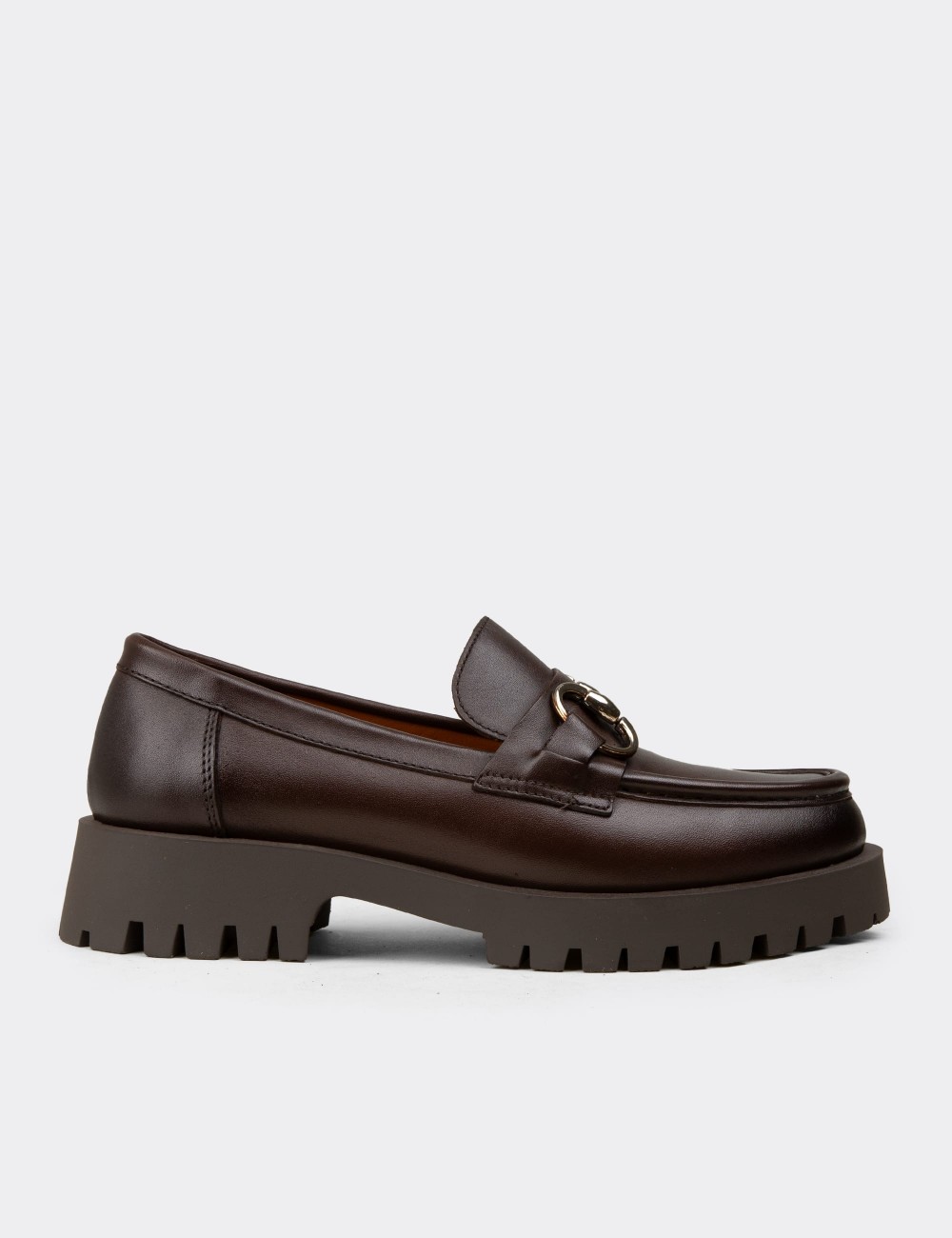 Women's Brown Leather Loafers with Buckle - 02037ZKHVC02