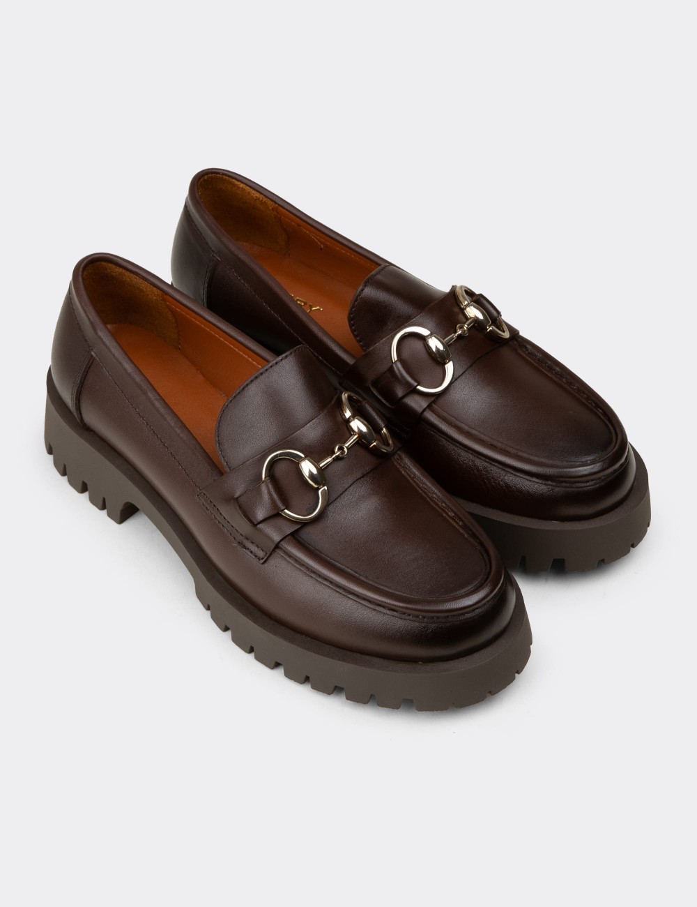Women's Brown Leather Loafers with Buckle - 02037ZKHVC02