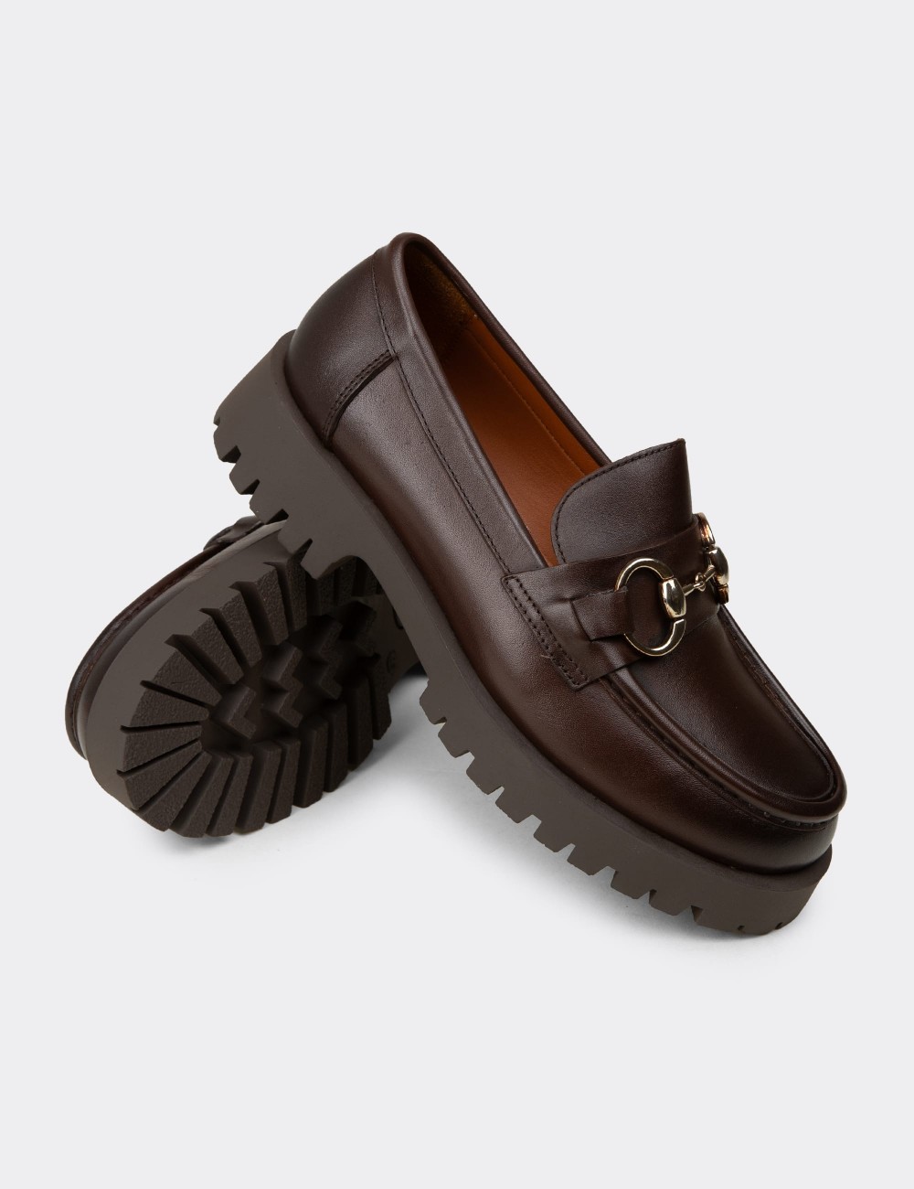 Women's Brown Leather Loafers with Buckle - 02037ZKHVC02