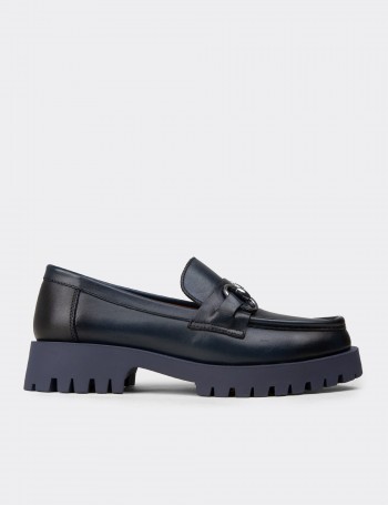Women’s Navy Leather Buckle Loafers