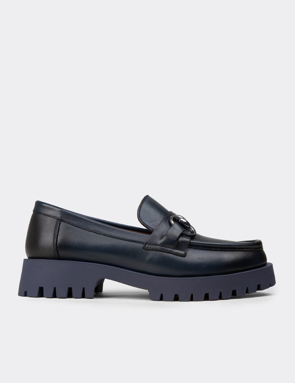 Women’s Navy Leather Buckle Loafers - 02037ZLCVE01