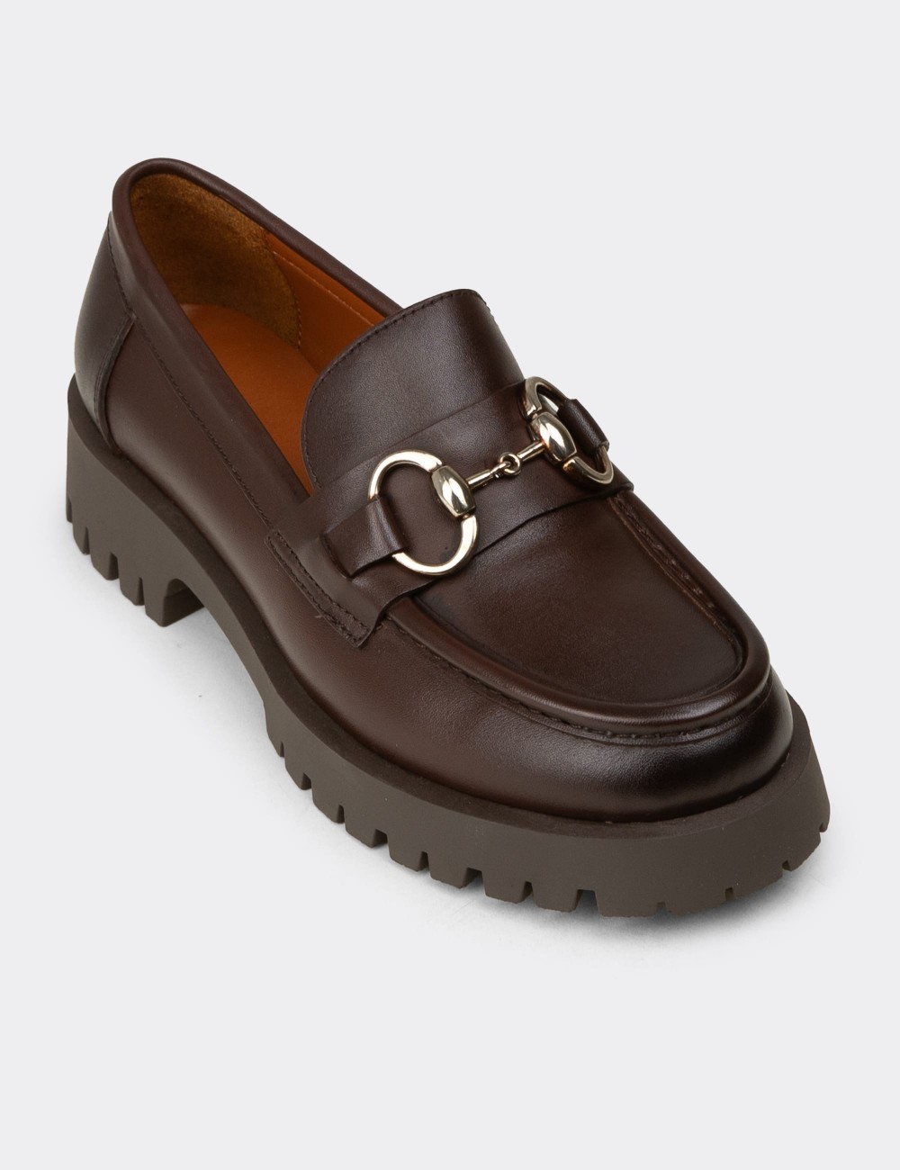 Women's Brown Leather Loafers with Buckle - 02037ZKHVC02