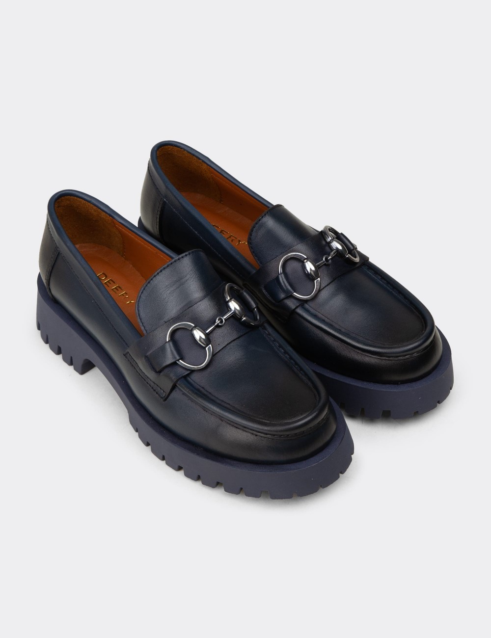 Women’s Navy Leather Buckle Loafers - 02037ZLCVE01
