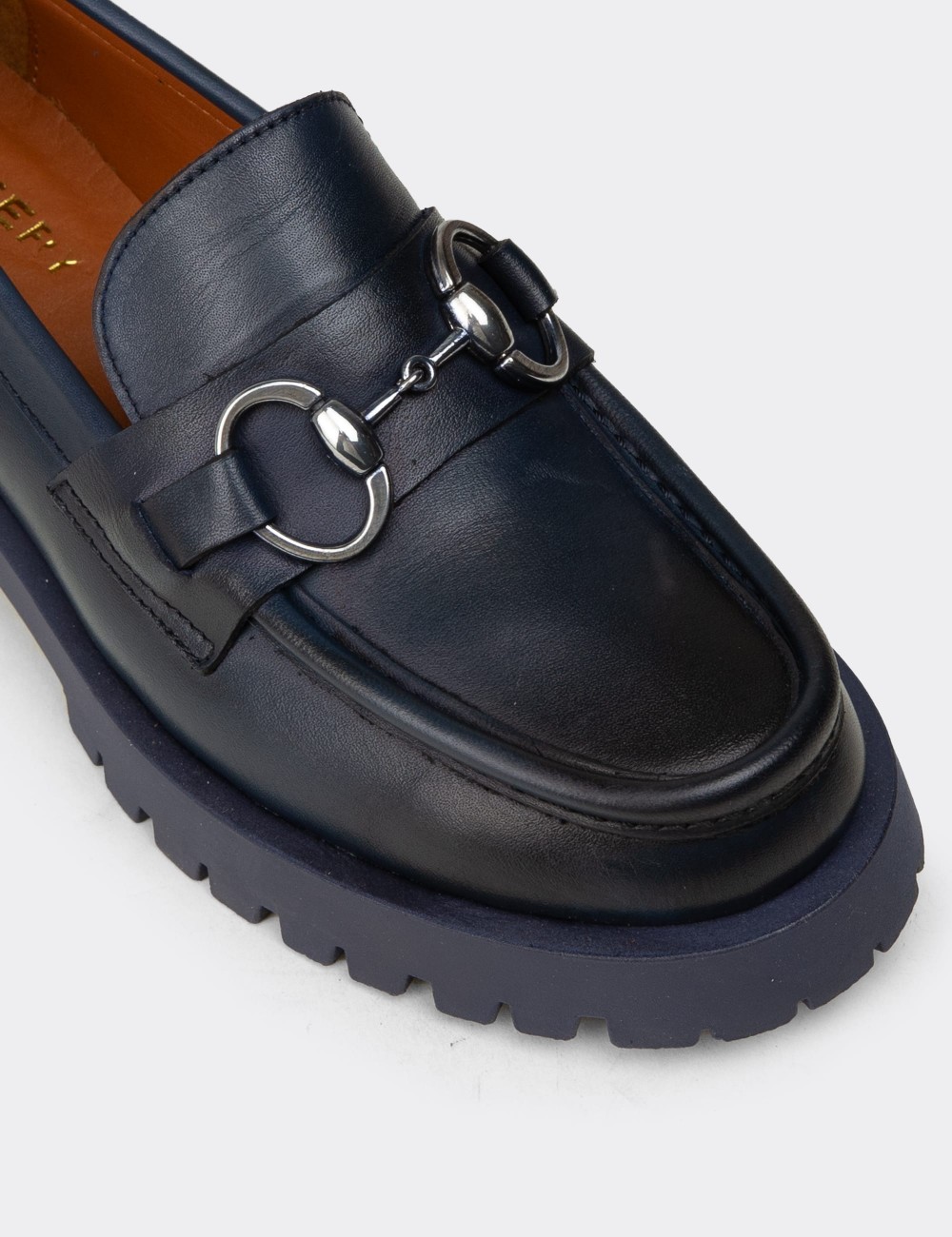 Women’s Navy Leather Buckle Loafers - 02037ZLCVE01