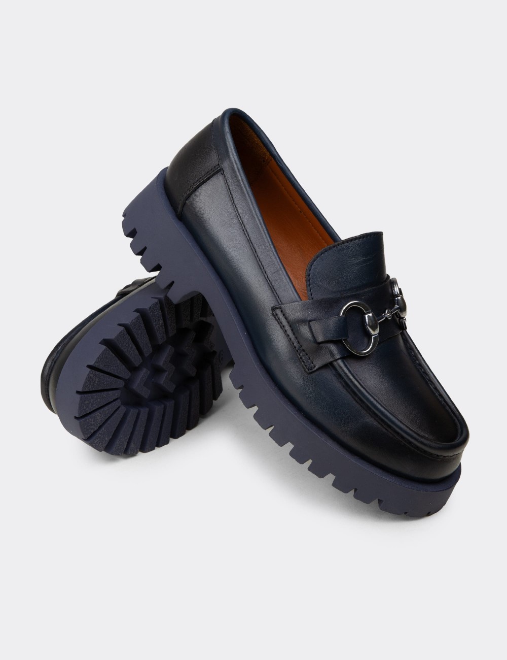 Women’s Navy Leather Buckle Loafers - 02037ZLCVE01