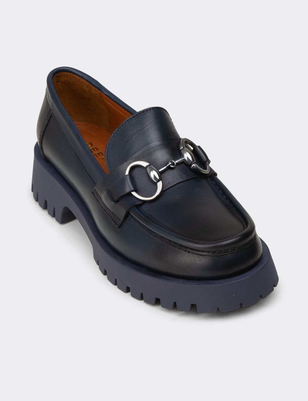 Women’s Navy Leather Buckle Loafers - 02037ZLCVE01