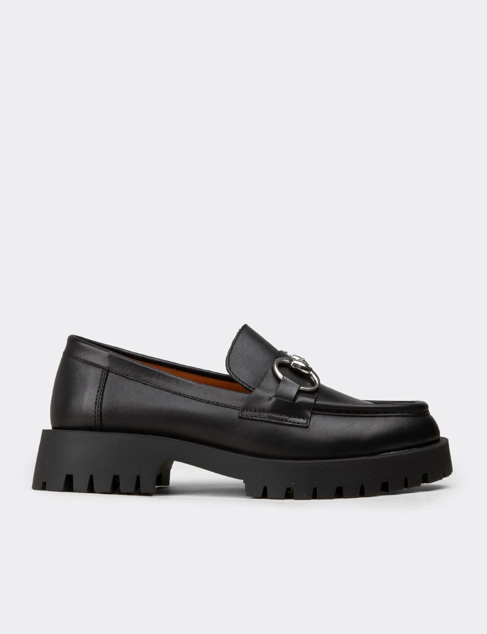 Women's Black Leather Buckled Loafers - 02037ZSYHE01