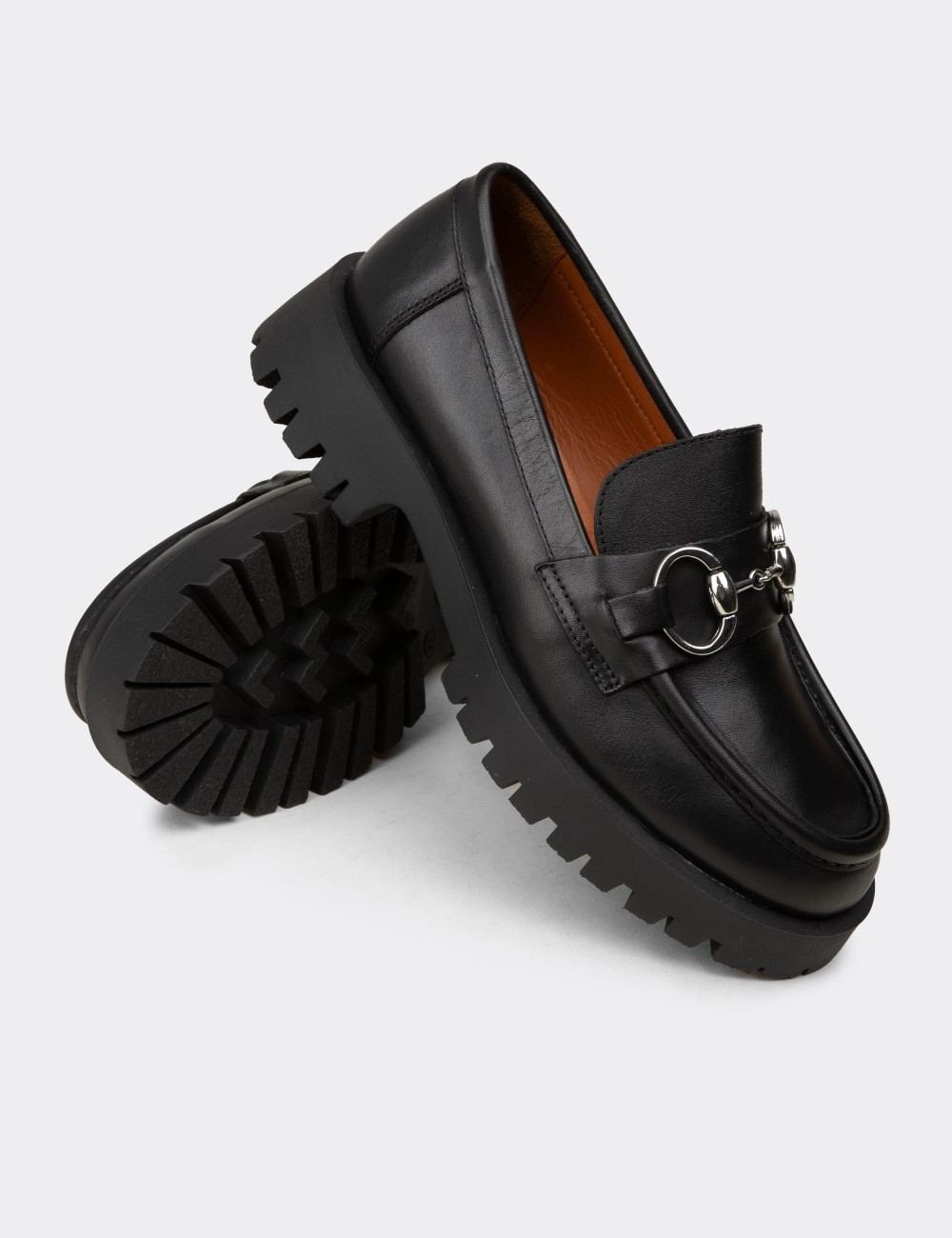 Women's Black Leather Buckled Loafers - 02037ZSYHE01