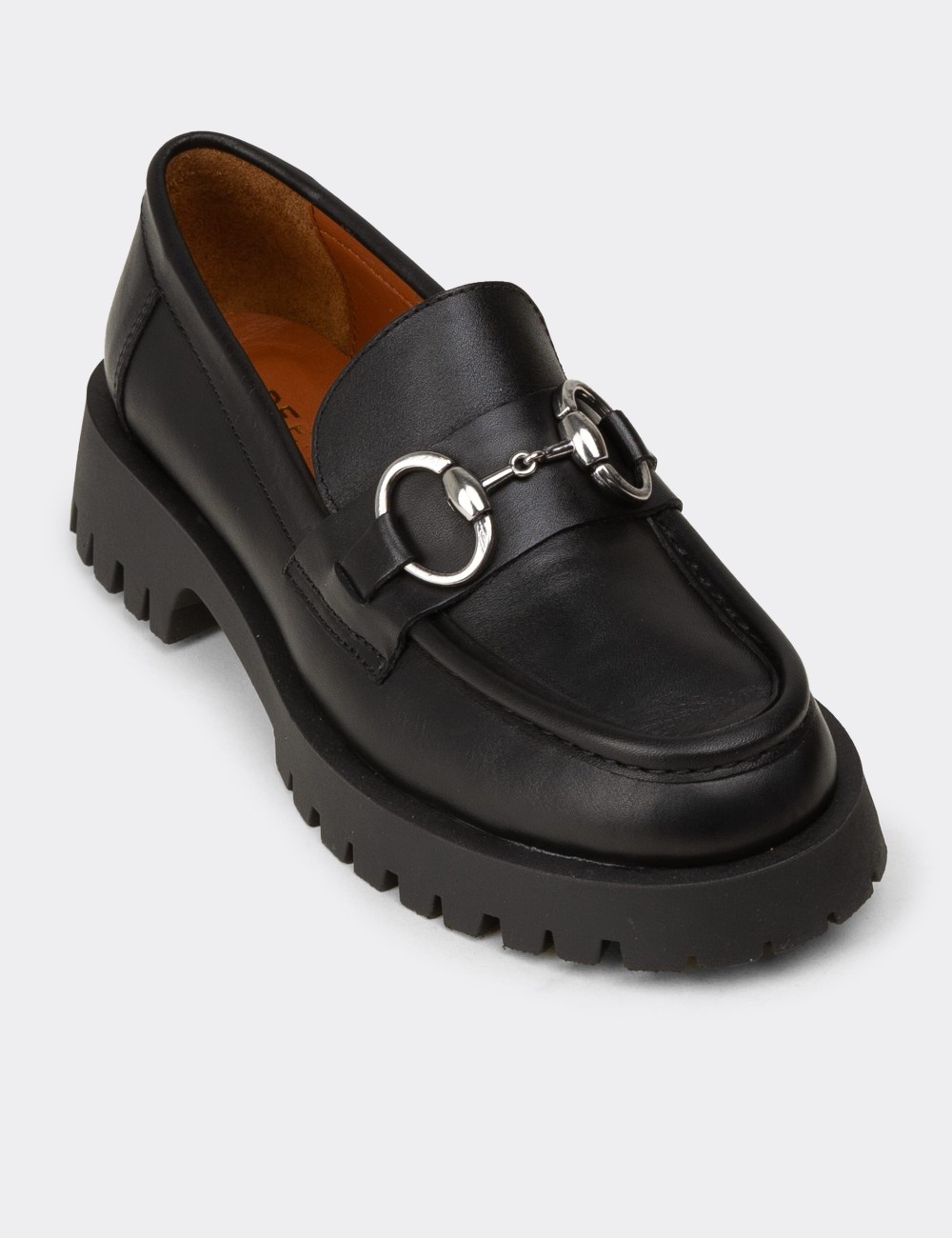 Women's Black Leather Buckled Loafers - 02037ZSYHE01