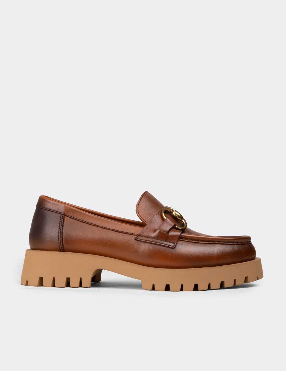 Women's Tan Leather Buckled Loafers - 02037ZTBAE01