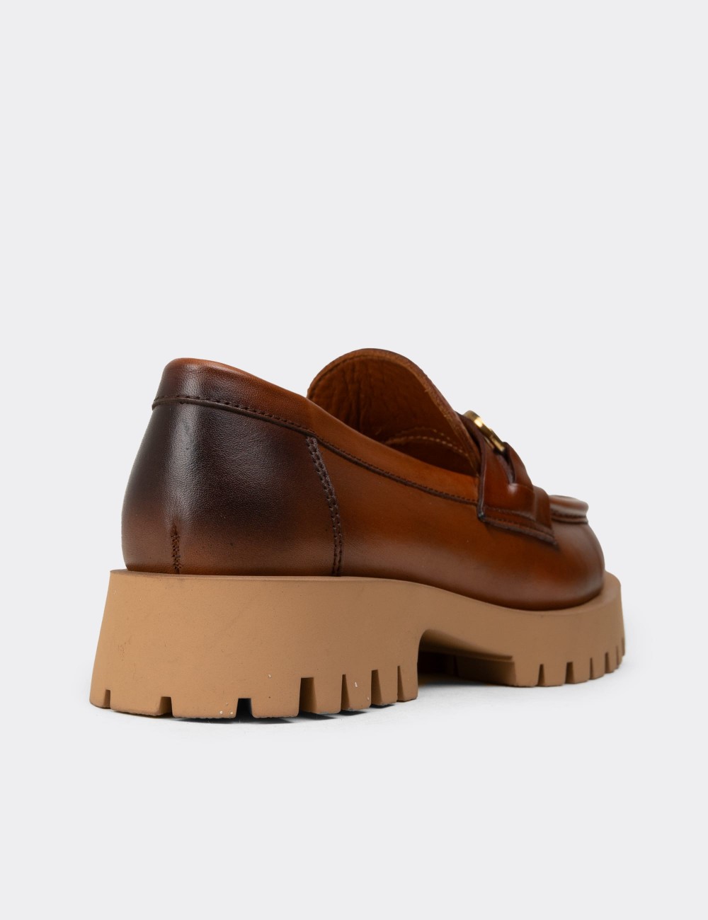 Women's Tan Leather Buckled Loafers - 02037ZTBAE01