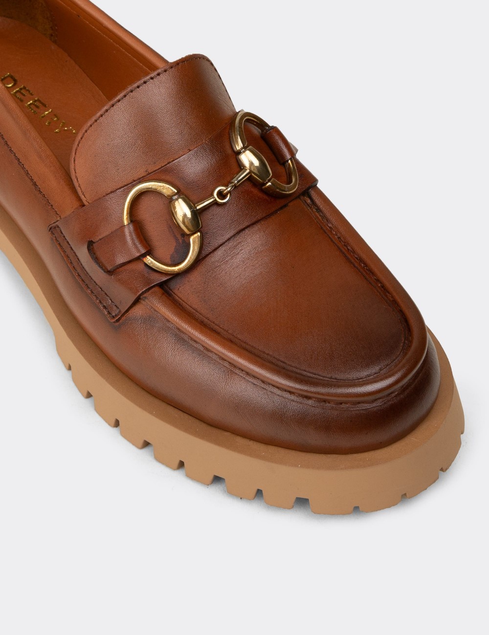 Women's Tan Leather Buckled Loafers - 02037ZTBAE01