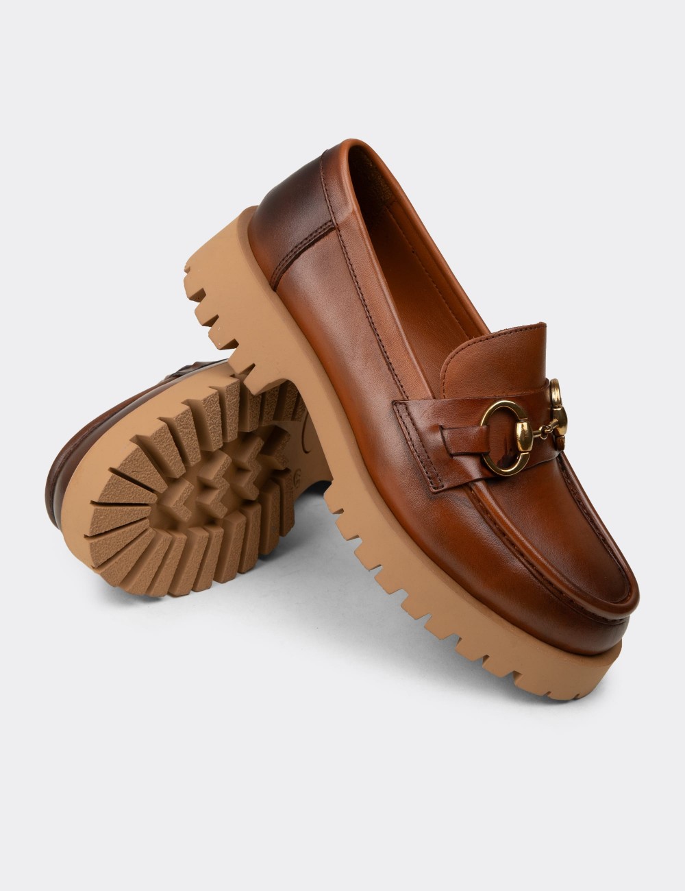 Women's Tan Leather Buckled Loafers - 02037ZTBAE01