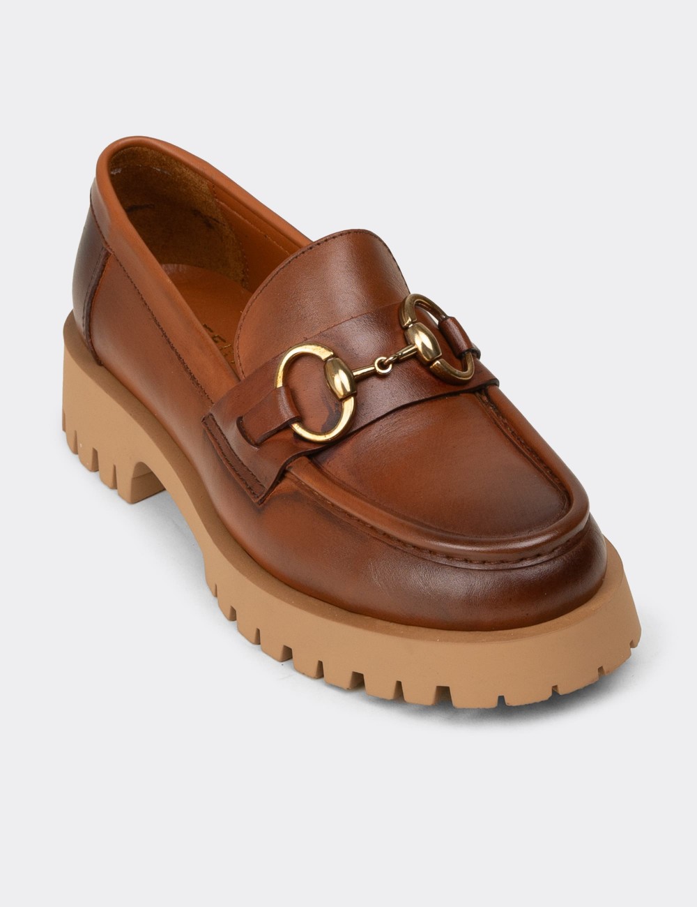 Women's Tan Leather Buckled Loafers - 02037ZTBAE01