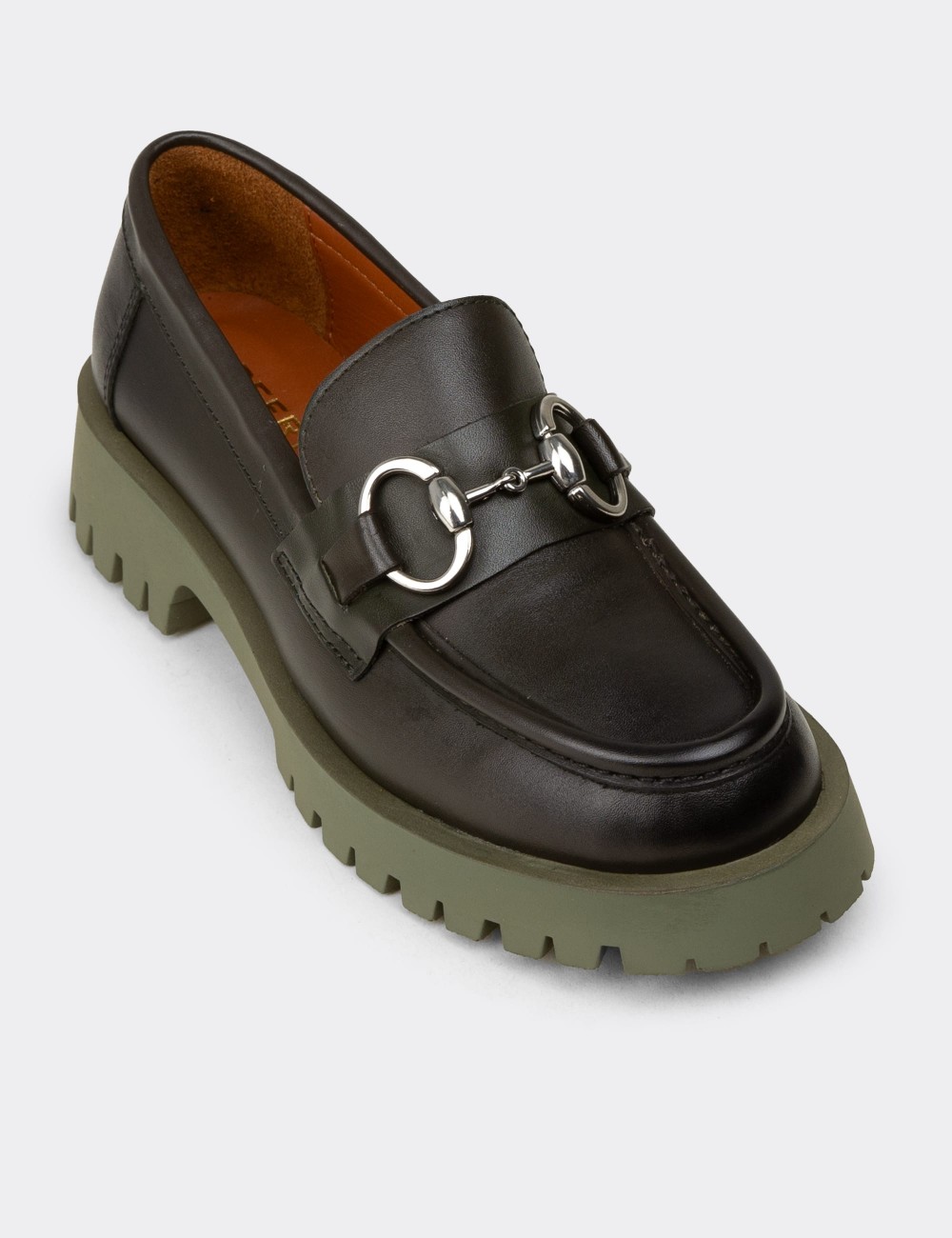 Women's Green Leather Buckled Loafers - 02037ZYSLC01