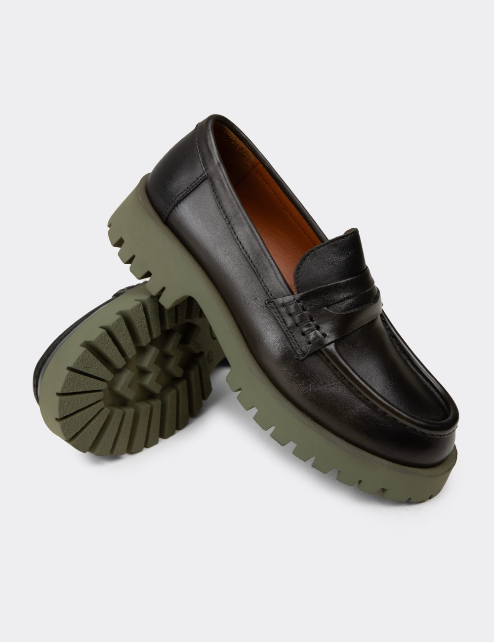 Women's Green Leather Loafers - 02034ZYSLC01
