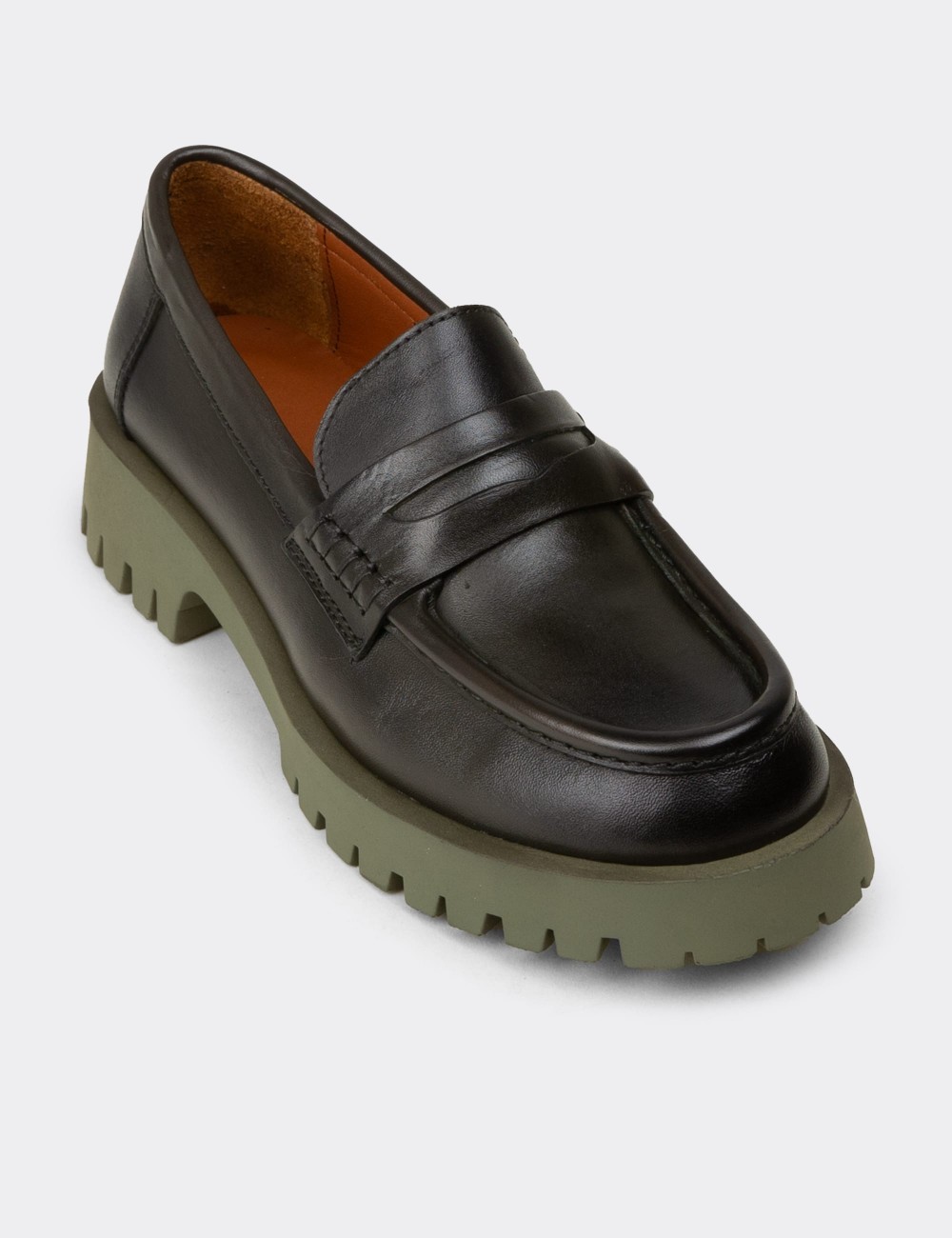 Women's Green Leather Loafers - 02034ZYSLC01