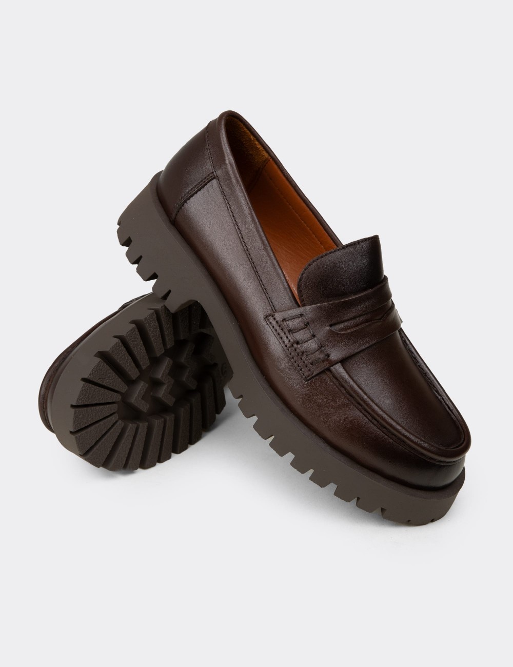 Women's Brown Leather Loafers - 02034ZKHVC02