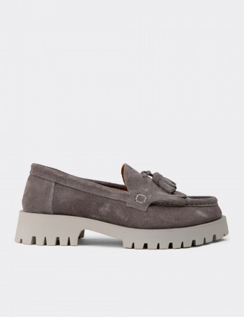 Women's Gray Suede Leather Tassel Loafers