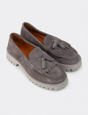Women's Gray Suede Leather Tassel Loafers