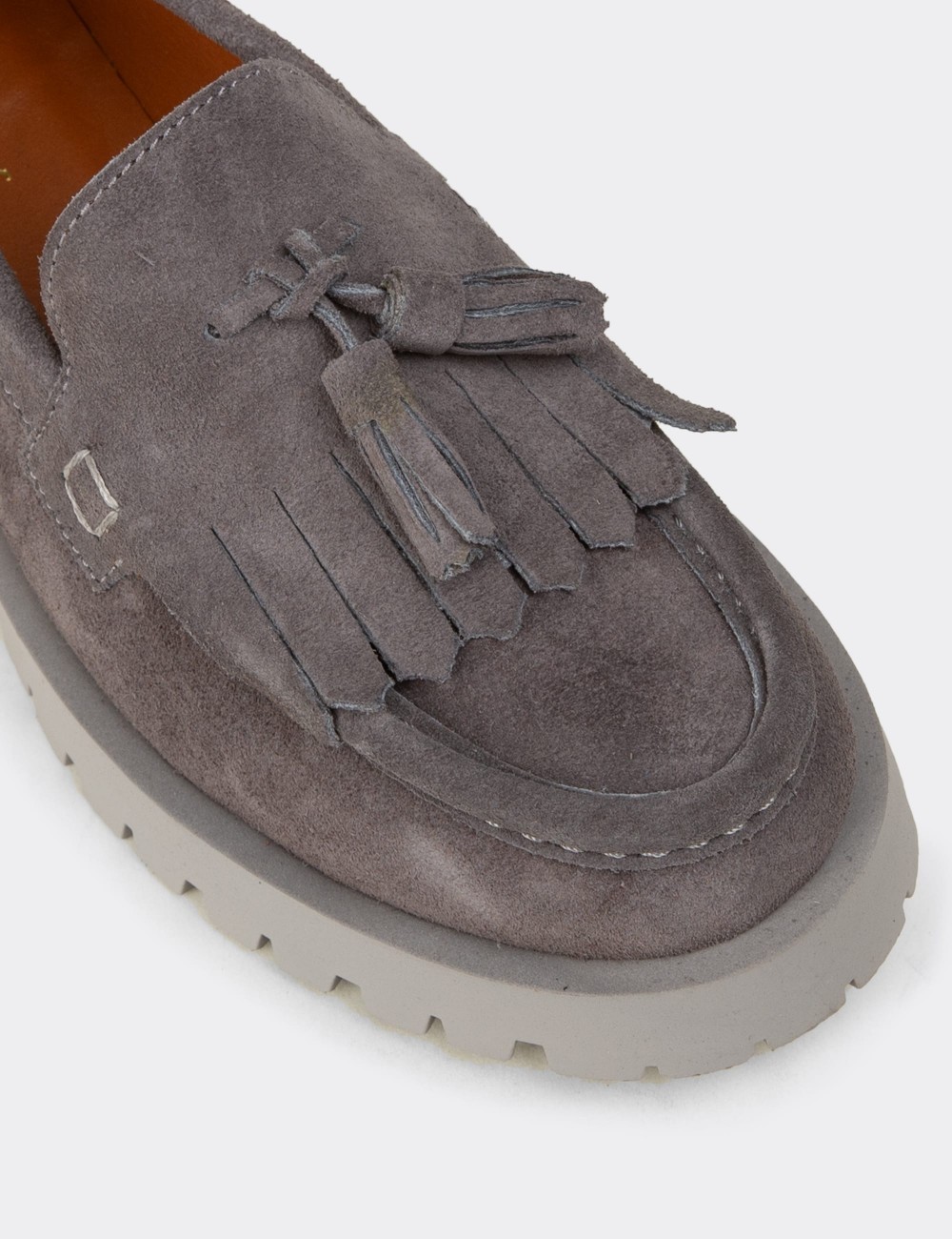 Women's Gray Suede Leather Tassel Loafers - 02033ZGRIC01