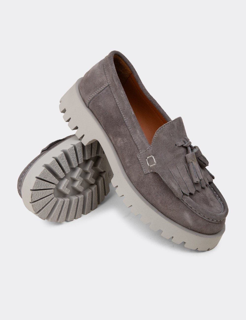 Women's Gray Suede Leather Tassel Loafers - 02033ZGRIC01