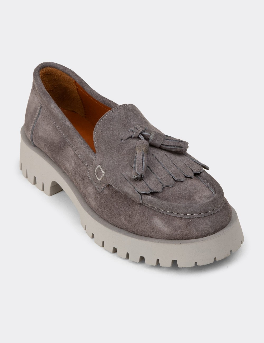 Women's Gray Suede Leather Tassel Loafers - 02033ZGRIC01