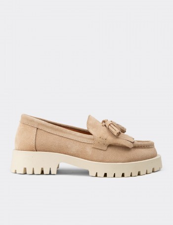 Women’s Beige Suede Leather Tassel Loafers
