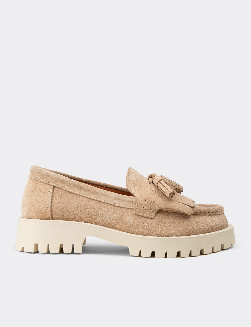 Women’s Beige Suede Leather Tassel Loafers - 02033ZBEJC01