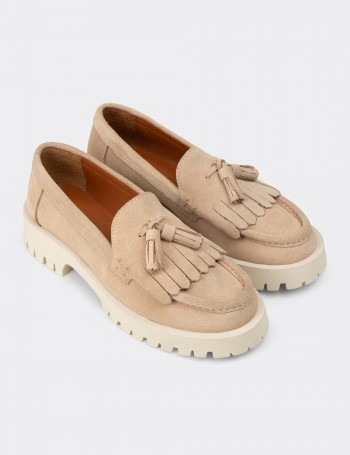 Women’s Beige Suede Leather Tassel Loafers
