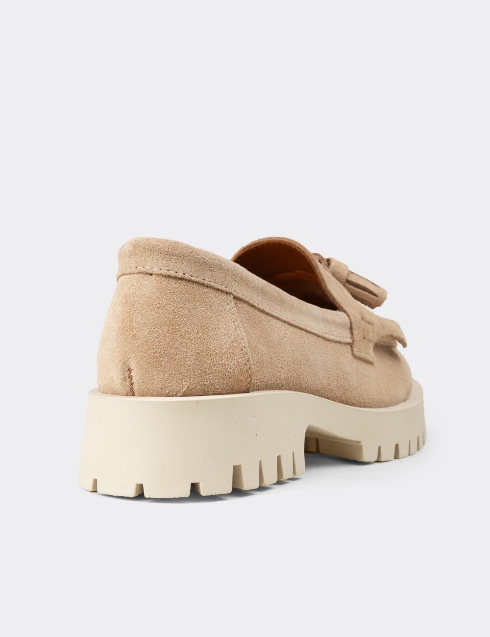 Women’s Beige Suede Leather Tassel Loafers - 02033ZBEJC01