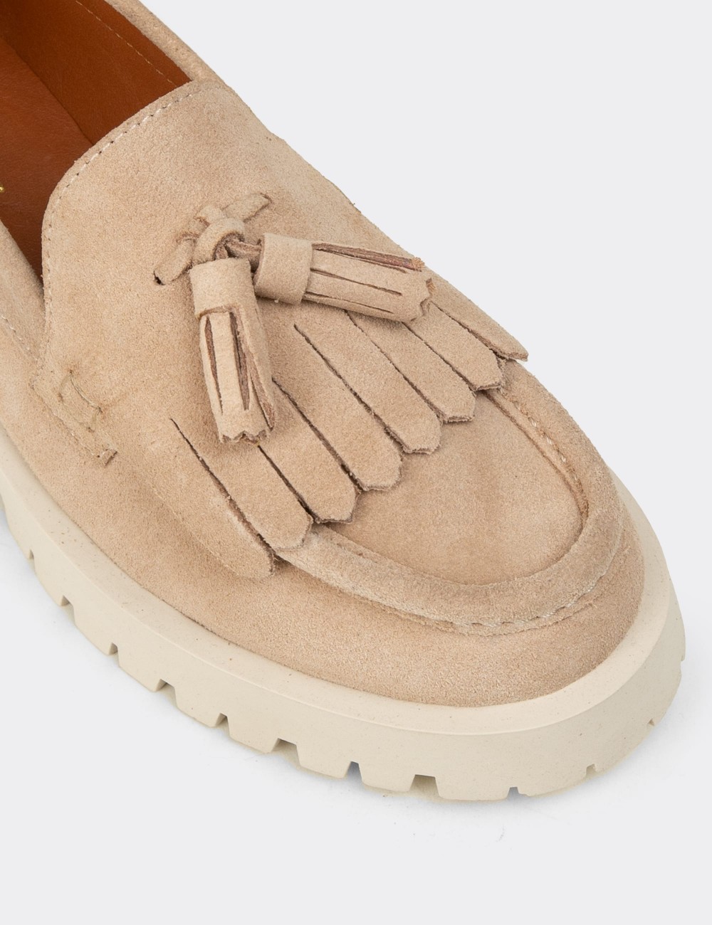 Women’s Beige Suede Leather Tassel Loafers - 02033ZBEJC01