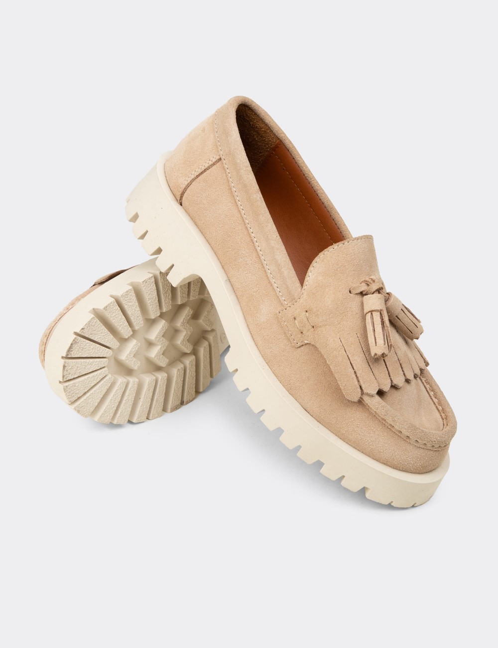 Women’s Beige Suede Leather Tassel Loafers - 02033ZBEJC01