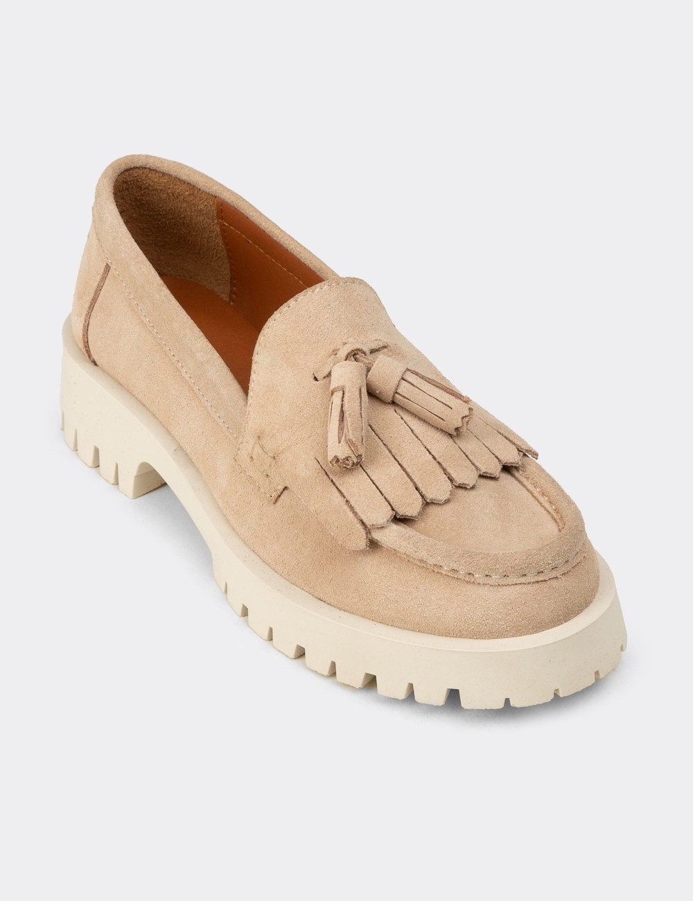 Women’s Beige Suede Leather Tassel Loafers - 02033ZBEJC01