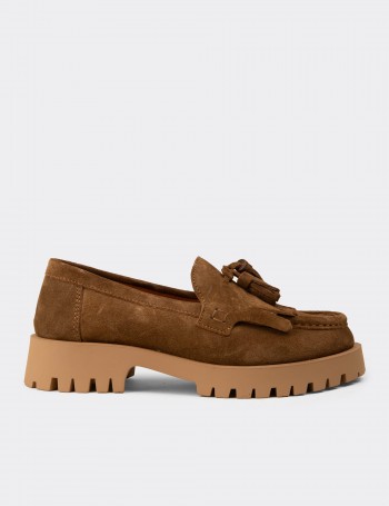 Women's Tan Suede Leather Tassel Loafers