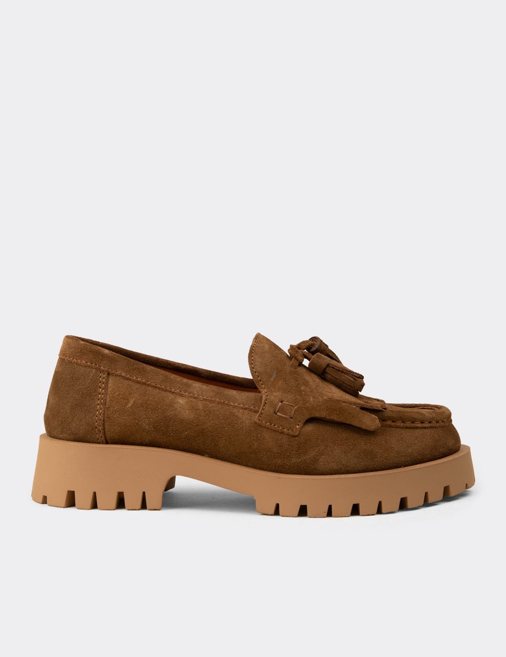Women's Tan Suede Leather Tassel Loafers - 02033ZTBAC01