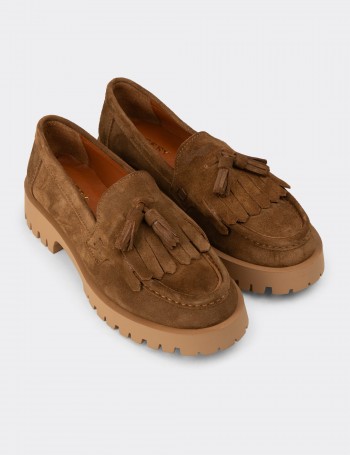 Women's Tan Suede Leather Tassel Loafers
