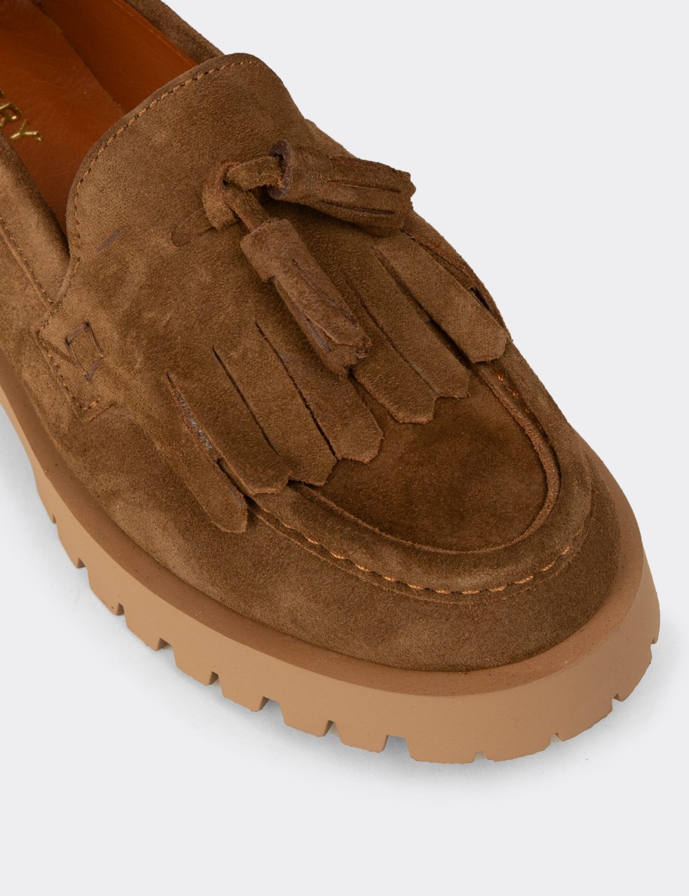 Women's Tan Suede Leather Tassel Loafers - 02033ZTBAC01