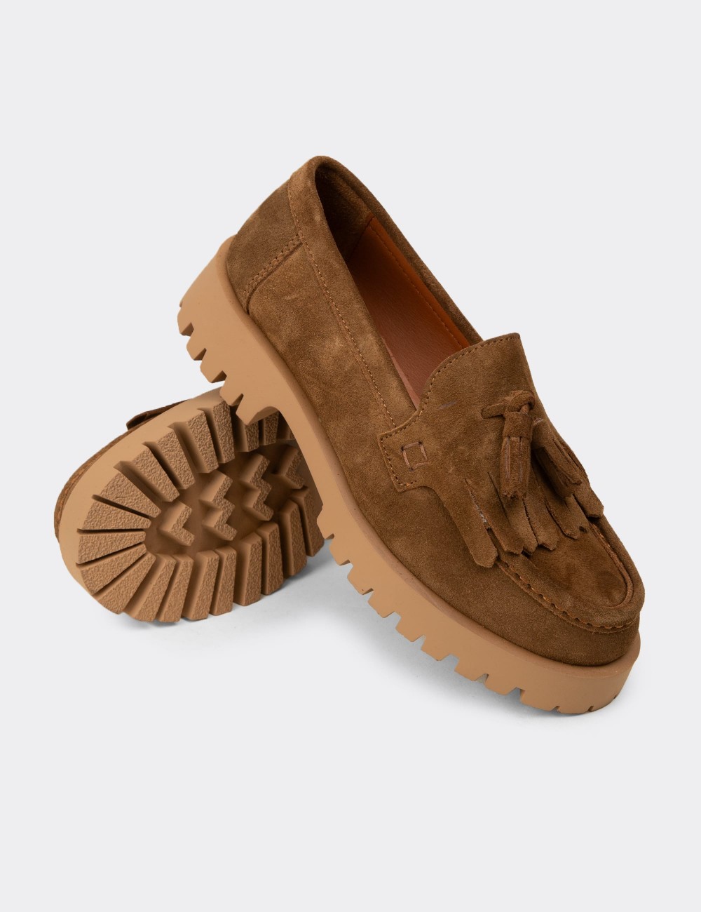 Women's Tan Suede Leather Tassel Loafers - 02033ZTBAC01