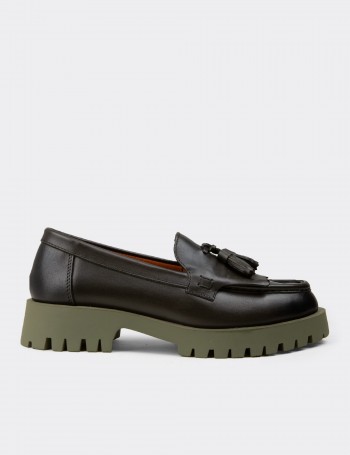 Women's Green Leather Tassel Loafers