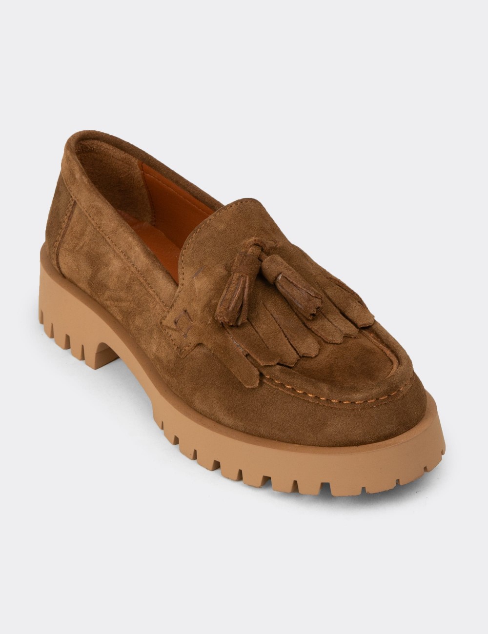Women's Tan Suede Leather Tassel Loafers - 02033ZTBAC01