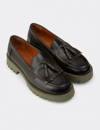 Women's Green Leather Tassel Loafers