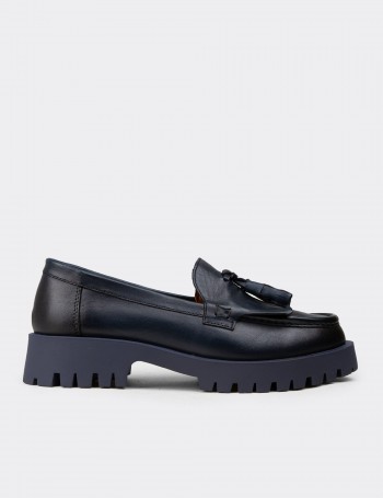 Women's Navy Leather Tassel Loafers