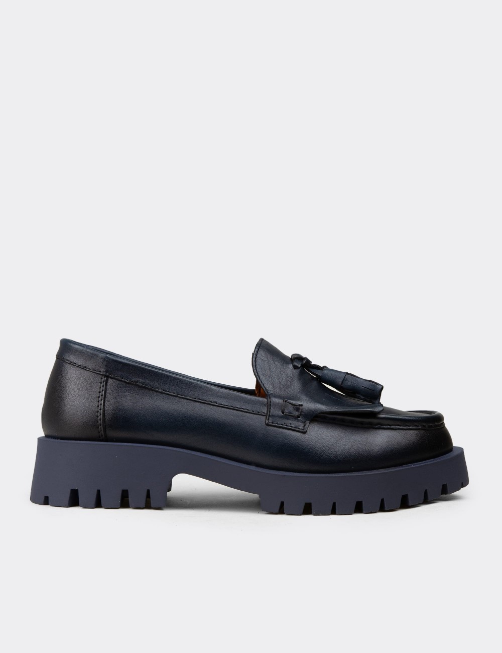 Women's Navy Leather Tassel Loafers - 02033ZLCVC02