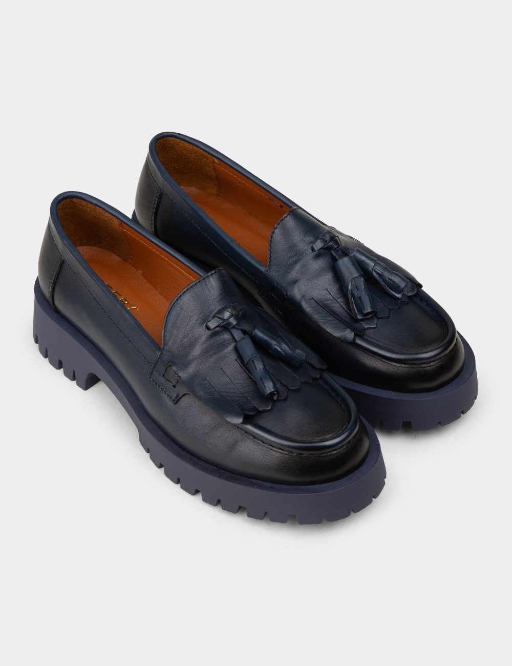 Women's Navy Leather Tassel Loafers - 02033ZLCVC02